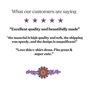 May include: White background with text reading "What our customers are saying" and five purple stars. Customer reviews include "Excellent quality and beautifully made" and "Love this t-shirt dress. Fits great & super cute."
