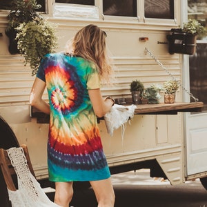 Short hippie dress, Beach coverups, Rainbow tie dye t shirt dress, 40th birthday gifts for women image 4