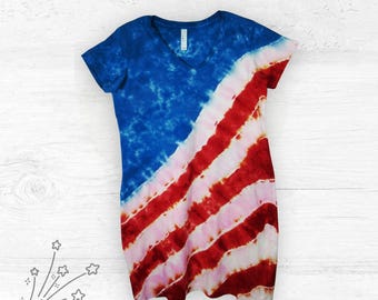 Red White and Blue Tie Dye Dress – Cotton Summer Tshirt Dress – Women's 4th of July Outfit