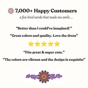 以下が含まれることがあります： 7,000+ Happy Customers, a few kind words that made me smile, Better than I could've imagined!, Great colors and quality. Love the dress, 5つの黄色い星, Fits great & super cute., The colors are vibrant and the design is exquisite, およびLadybug Tie Dyeのロゴが記載された顧客レビューのグラフィック。
