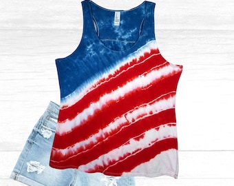 4th of July Tank Top – Red White and Blue Tie Dye – Stars & Stripes Cotton Tank, S–2X