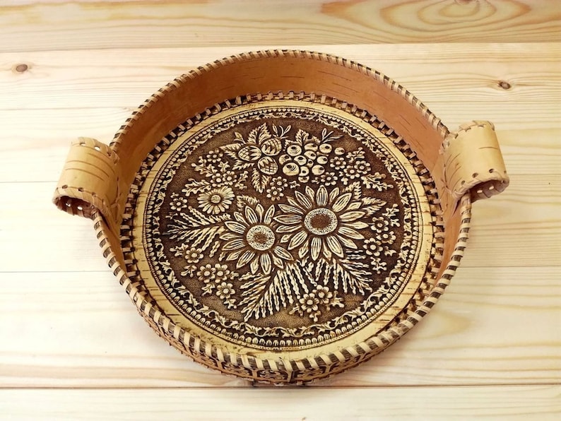 Birch Bark Serving tray Gift for wife Carved plate Wooden Decorative plate for sweets Rustic decor Tray for fruit Russian souvenir