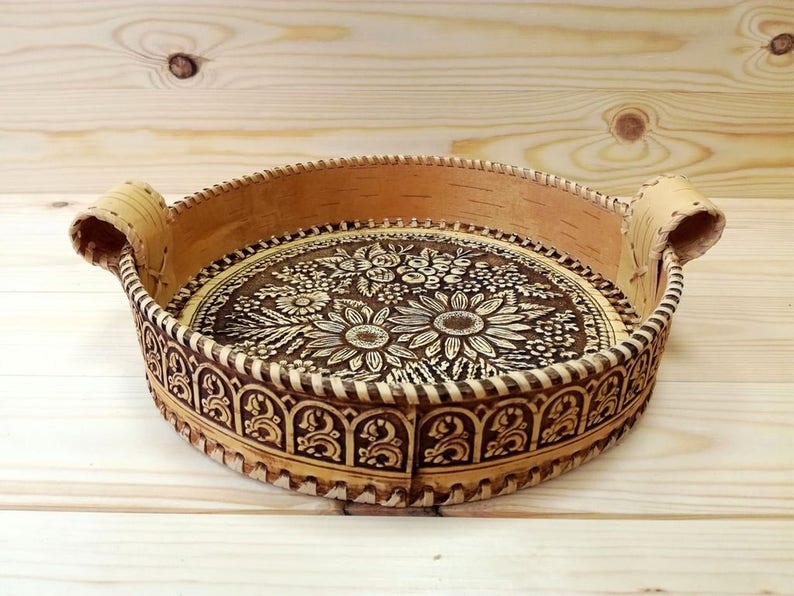 Birch Bark Serving tray Gift for wife Carved plate Wooden Decorative plate for sweets Rustic decor Tray for fruit Russian souvenir
