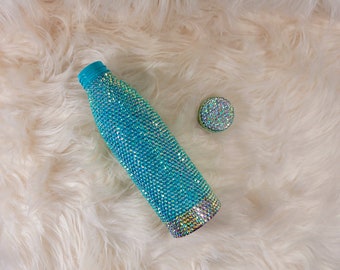 Blue AB Water Bottle, Bling Water Bottle, Bedazzled Water Bottle, Rhinestone Water Bottle, Travel Cup, Travel Tumbler.