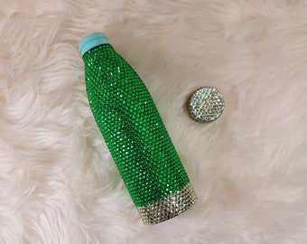 Green Water Bottle, Bling Water Bottle, Bedazzled Water Bottle, Rhinestone Water Bottle, Travel Cup, Travel Tumbler.