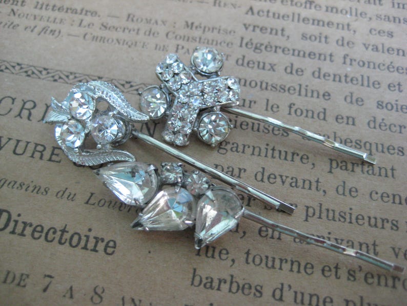 set of 3 bridesmaids vintage hair pins repurposed reclaimed hp128 grips slides recycled upcycled rhinestones bobbies bobby pins