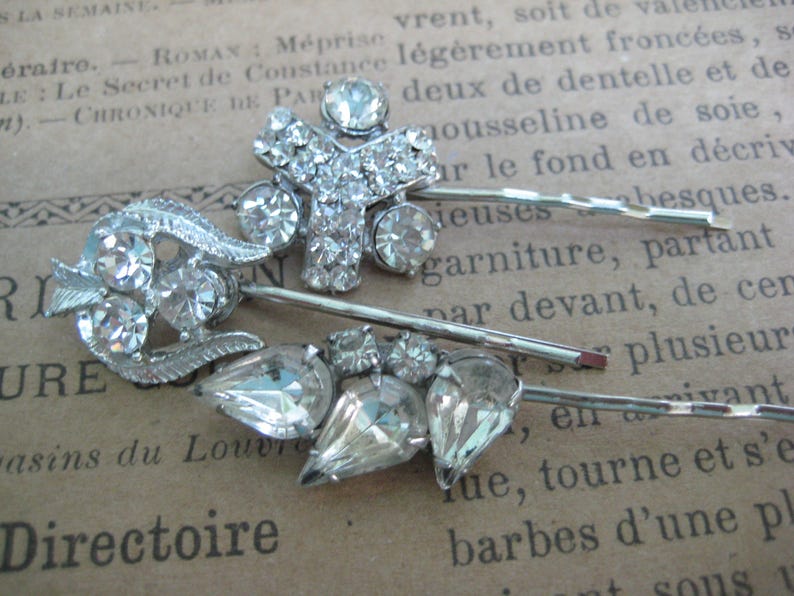 set of 3 bridesmaids vintage hair pins repurposed reclaimed hp128 grips slides recycled upcycled rhinestones bobbies bobby pins