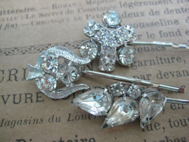 set of 3 bridesmaids vintage hair pins repurposed reclaimed hp128 grips slides recycled upcycled rhinestones bobbies bobby pins