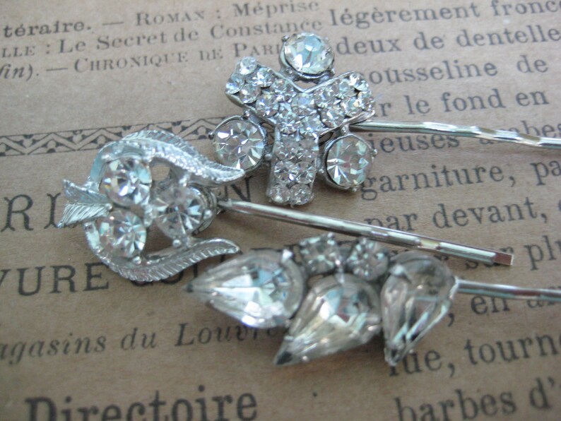 set of 3 bridesmaids vintage hair pins repurposed reclaimed hp128 grips slides recycled upcycled rhinestones bobbies bobby pins