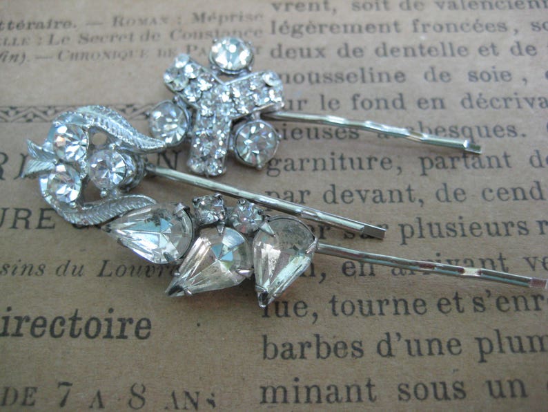 set of 3 bridesmaids vintage hair pins repurposed reclaimed hp128 grips slides recycled upcycled rhinestones bobbies bobby pins