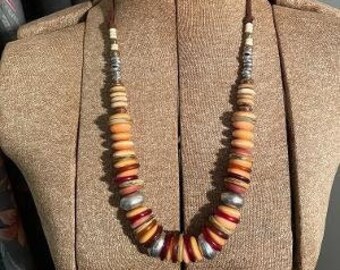 Vintage Earthtone Beaded Necklace on Adjustable Leather Cord