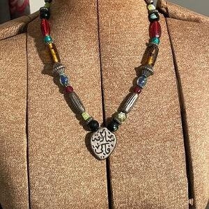 Vintage Chico&#39;s Glass and Metal Bead Necklace with Silvertone Pendant