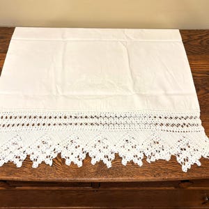 Vintage White Pillowcase with Hand Crocheted Trim and Hand Stitched HIS