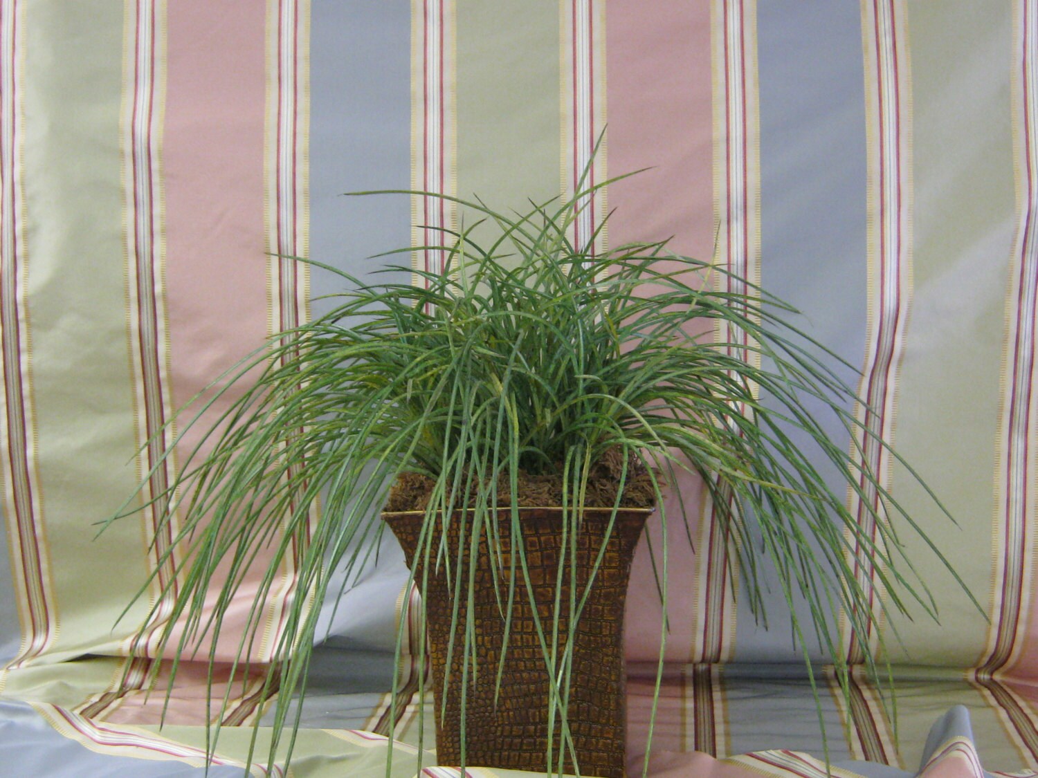 Kravat Silk Stripe Fabric in Peach, Moss and Slate Blue