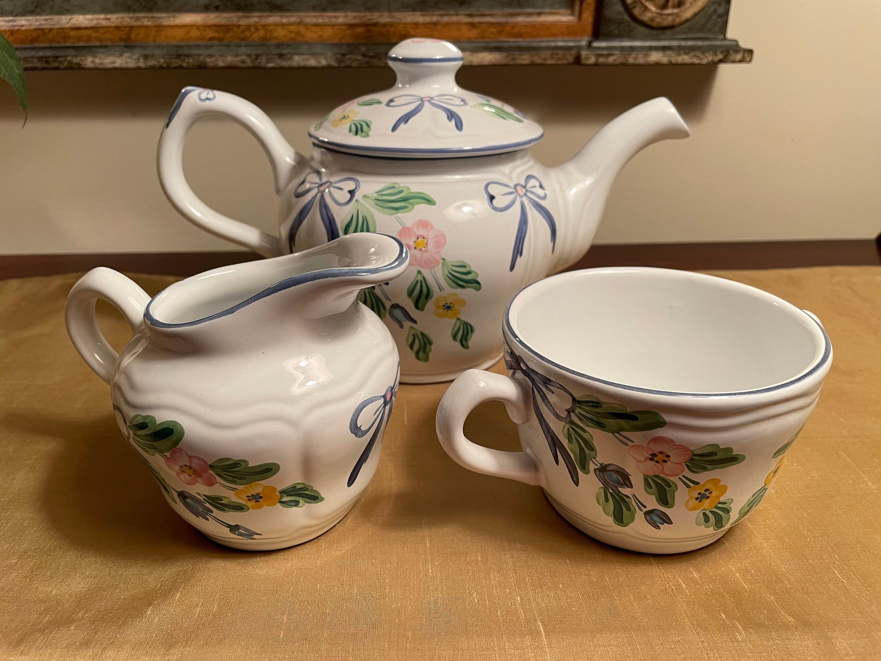 Herend Village Pottery Teapot, Creamer and Sugar in the Bow  