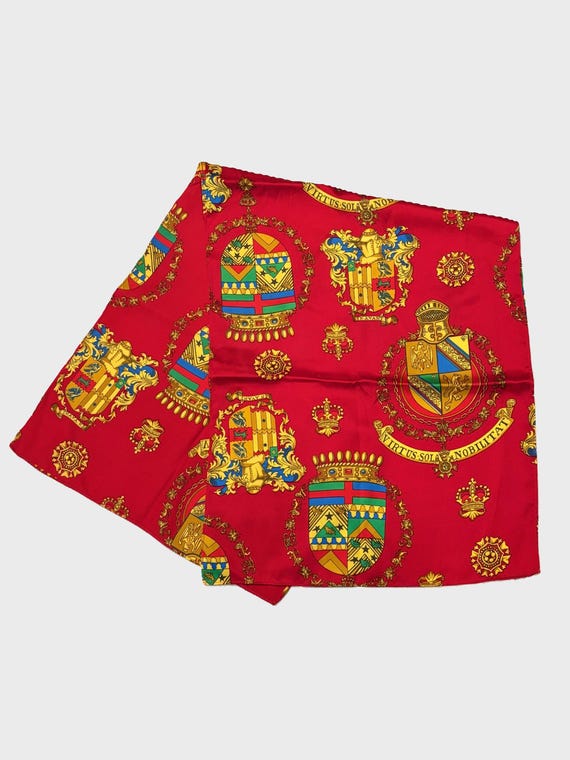 Vintage Designer Silk Scarf by St. John "Virtus Sola Nobilitat" Coat of Arms Print