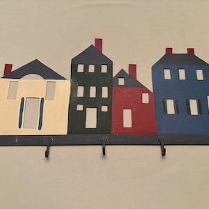 Hand Crafted Tin Coat Rack Featuring Painted Houses with 5 Hooks