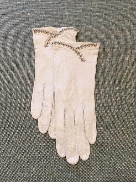 Pierre Cardin Embellished White Kid Gloves Size 7… - image 8