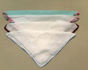 Vintage White Cotton Handkerchiefs with Crocheted Edges, Set of 4