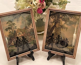 Reversed Painted Glass Framed Country Prints, Set of 2