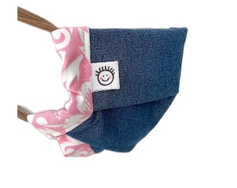 Denim Face Mask with Pink Hawaiian Fabric, Face Mask with Nose Wire and Filter Washable, Filter Pocket, Washable, Reusable Face Mask