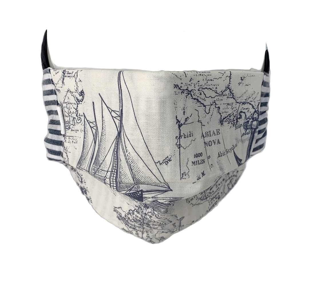 Nautical Face Mask, Blue Map & Ships on Cream Background, Nose Wire and
