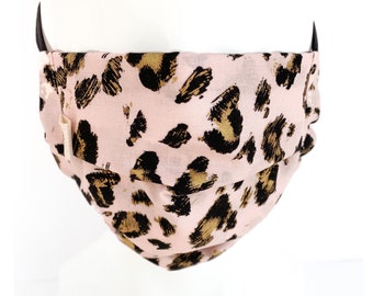 Black and Shimmery Gold Leopard Print on Blush Pink Background Face Mask, Nose Wire and Filter Pocket, ADULT & CHILD Sizes