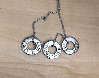 Custom washer necklace. Stainless steel washers stamped with name, birthday, death date, etc gift for Mom or Dad ONE necklace