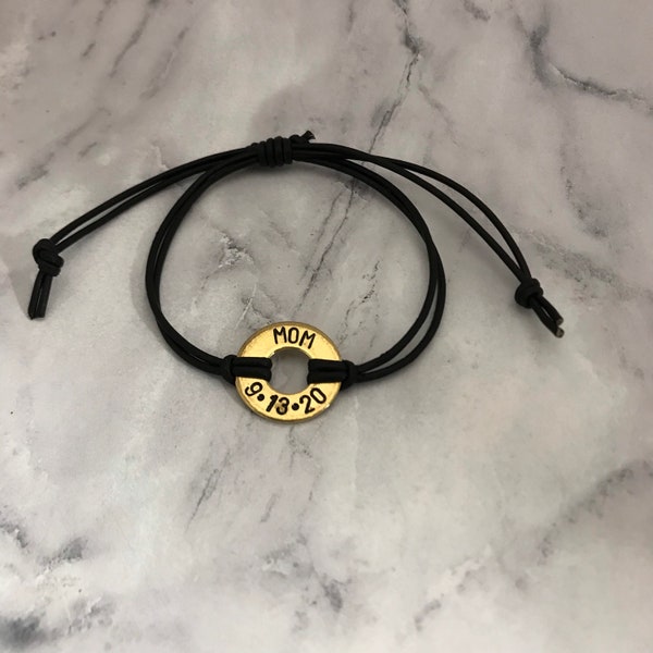 Custom stamped brass washer bracelet. Cotton or leather cord tied with adjustable knot (ONE BRACELET)