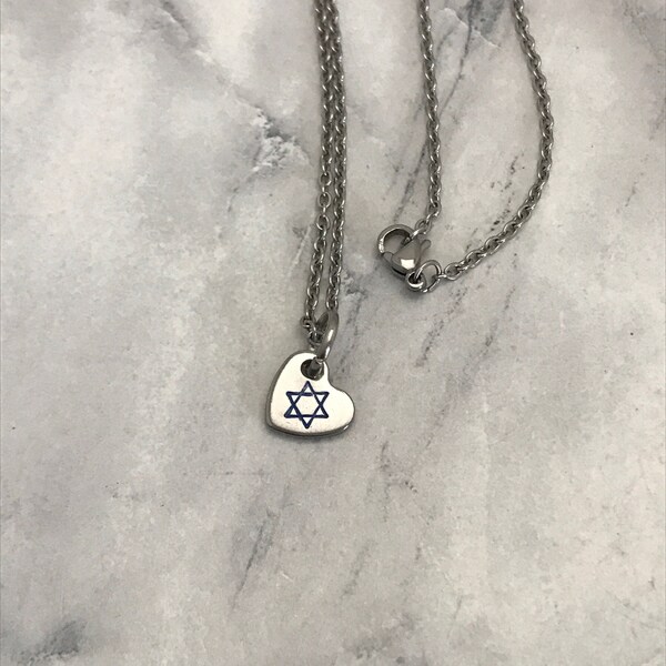 Star of David Heart necklace.  Dainty stainless steel heart with a star of David stamped.  ONE necklace