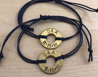 Custom stamped brass washer bracelet. Cotton or leather cord tied with adjustable knot. Set of TWO