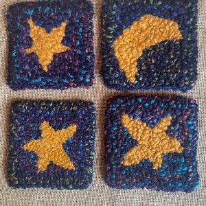 Moon & Stars Mug Rugs/Coasters - Set of 4, Handmade, Rug Hooking, One of a kind, Gift