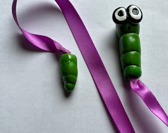 Bookmark, bookworm, cute, worm, polymer clay, acrylic paint, ribbon, for books, book lover, books,