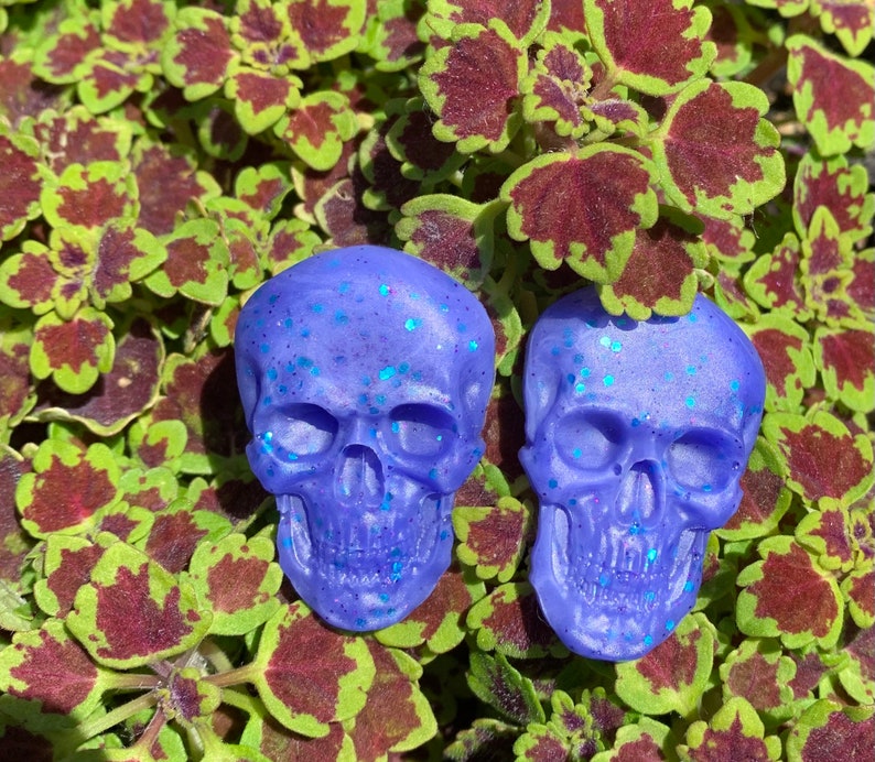 Skull earrings, resin, skulls, purple, periwinkle, jewelry, earrings, handmade, Halloween, skull lover, fun earrings, unique pieces, , OOAK, image 1