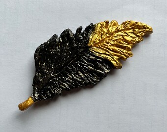 Feather, feather magnet, magnet, delicate, pretty, fridge magnet, polymer clay, handmade, cute, fun magnets, black, gold