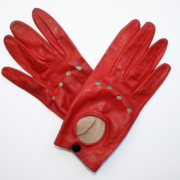 Vintage Red Leather Driving Gloves, Size XS, Vintage Italian Ladies Red Leather Gloves