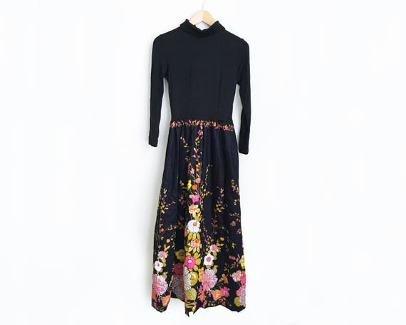 1960s vintage bohemian black floral maxi dress - image 1