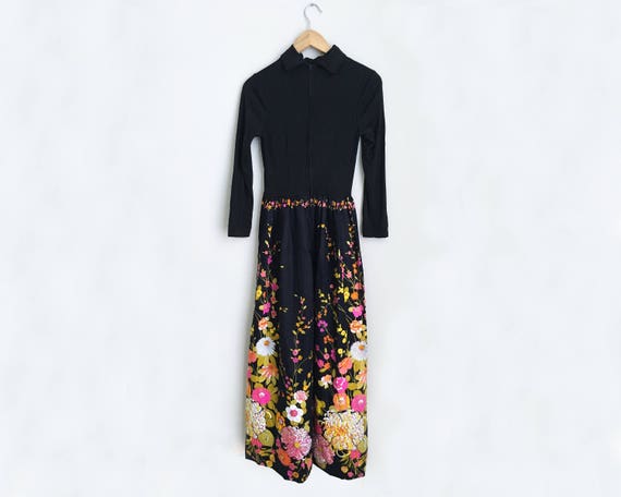 1960s vintage bohemian black floral maxi dress - image 3