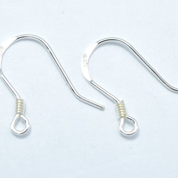 10pcs 925 Sterling Silver Earwire, Earring Hook, Fishhook, 15x10mm, 0.60mm(23gauge), 2mm Coil (007908005)