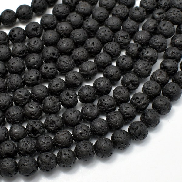 Perles de lave noire, rondes, 6 mm (6,6 mm), 15 pouces, brin complet, env. 61 perles, trou 1mm, qualité AA (300054019)