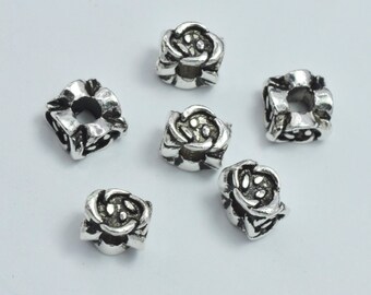 4pcs 925 Sterling Silver Beads-Antique Silver, 5.5x5.5mm, Square Beads, Flower Beads, Rose Beads, Hole 2.2mm (007903140)