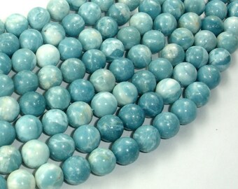May include: A strand of light blue and white round gemstone beads. The beads are smooth and polished, with a mottled appearance.