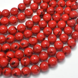 Coquille howlite turquoise - Rouge, 8 mm (8,5 mm), Rond, 15,5 pouces, Fils complets, env. 49 perles, trou 1 mm (275054037)