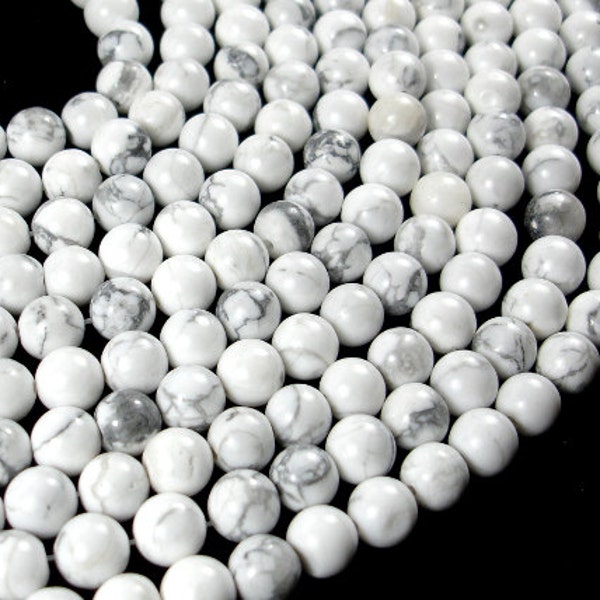 Perles Howlite blanches, perles rondes de 8 mm (8,5 mm), 15 pouces, brin complet, env. 45 perles, trou 1 mm, qualité A (275054003)