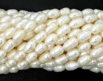 Fresh Water Pearl Beads, Rice, White, Approx. 6x(8-9)mm, 13.5 Inch, Full strand, Approx. 38-40 beads, Hole 0.5mm (232052007)