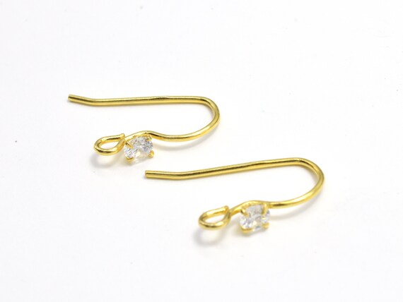 4pcs 24K Gold Vermeil Earring Hook, 925 Sterling Silver Earwire, Fishhook,  15x10mm, 0.60mm23gauge, With 3mm Cubic Zirconia 007908039 