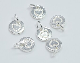 4pcs 925 Sterling Silver Charm, Coin Charm, Heart Charm, 7mm with 4.7mm Closed Jump Ring (007916039)