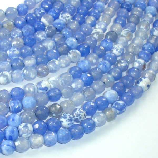 Fire Agate Beads, Blue & White, 6mm Faceted Round Beads, 14.5 Inch, Full strand, Approx 63 beads, Hole 1mm (122025308)