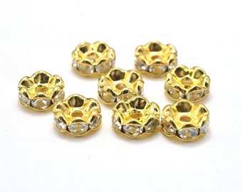 Rhinestone, 6mm,Finding Spacer Round, Clear, Gold plated Brass, 30 pieces, Hole 1.5mm,A quality (006870002)