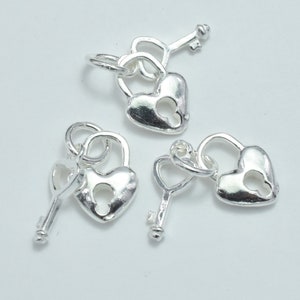 2sets 925 Sterling Silver Charms,  Key and Heart Lock Charms, Heart 8x11mm, Key 15x5mm, with 6mm Closed Jump Ring (007916079)